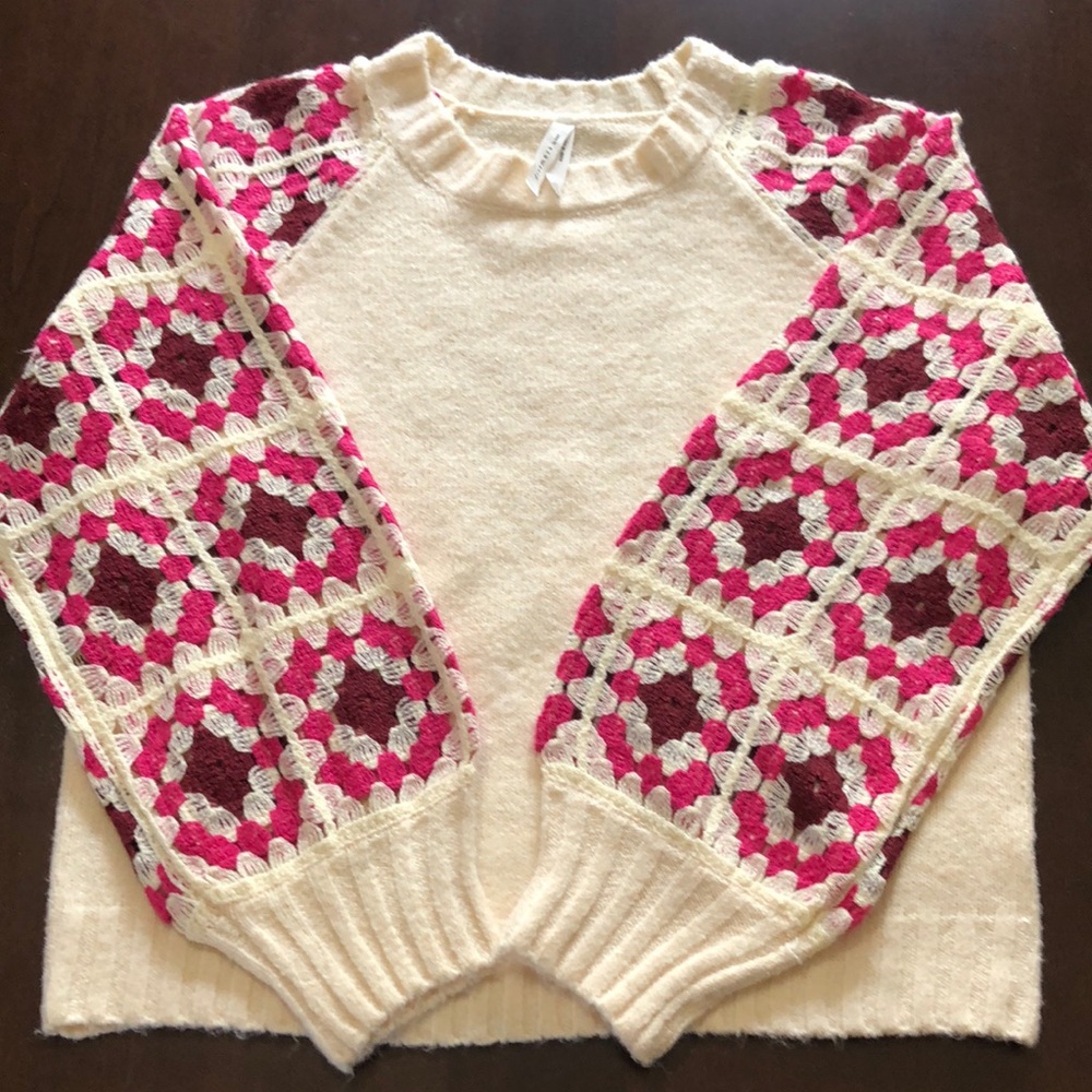 Soft Sweater Cream with Pink and Burgundy Crochet Sleeves. Size X-small.